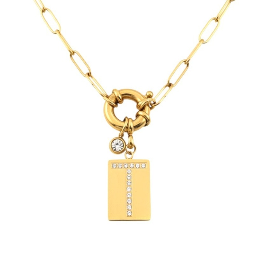 Gold Tone Initial T Rhinestone Pendant Paperclip Chain Necklace Spring Ring 18"